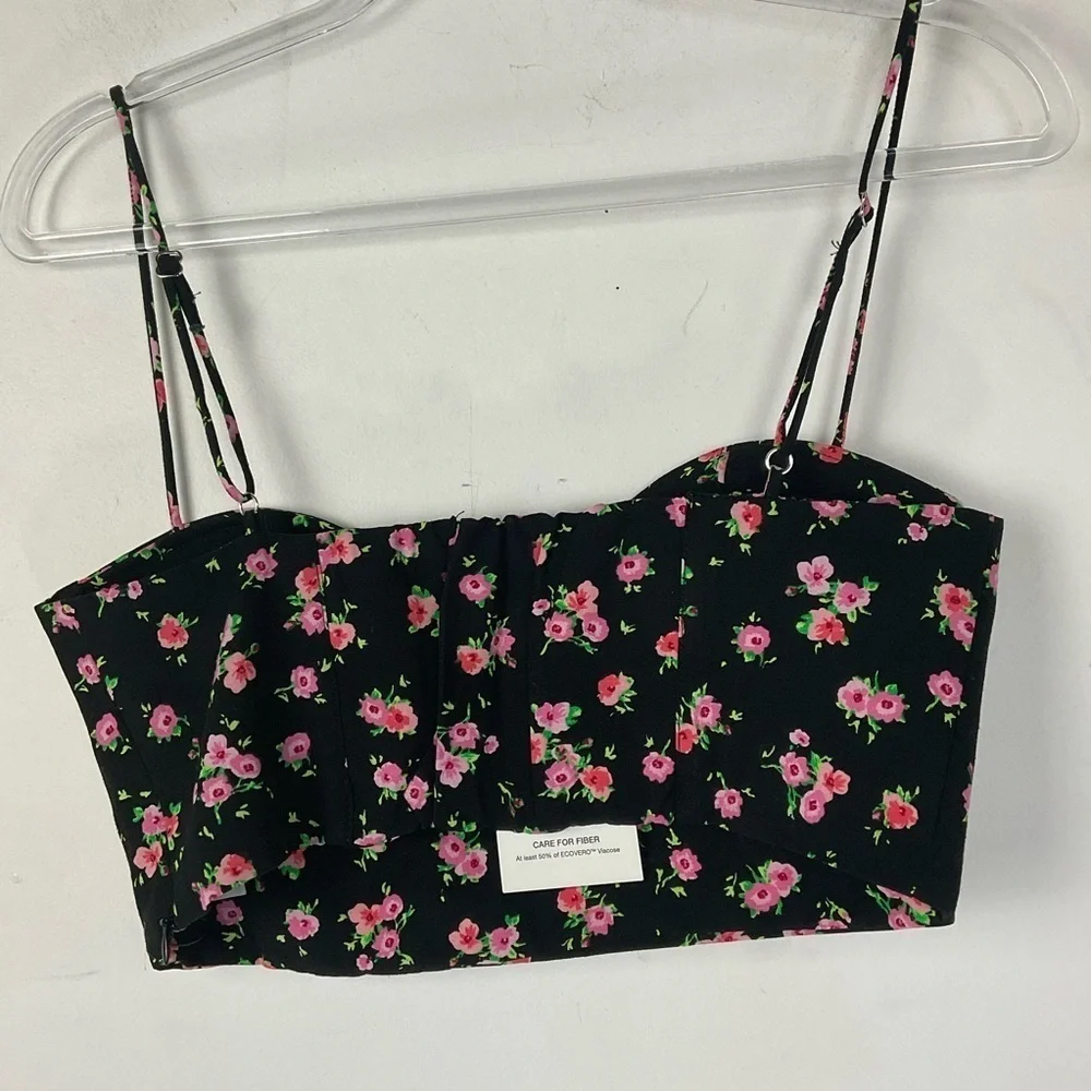 Zara Top Floral Crop‎ Bustier Black Pink Roses Viscose Corset Womens Size M NWT - Picture 3 of 10